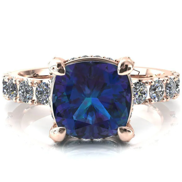 Fire Brilliance Rings Grandeur Cushion Alexandrite 4 Prong Basket and Half Eternity Fire Ring