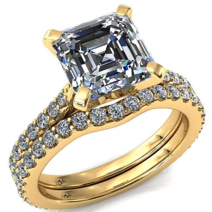 Fire Brilliance Rings Kelsy Asscher Moissanite 4 Prong 34 Shared Scalloped Inverted Cathedral Ring Fire Brilliance Rings Kelsy Asscher Moissanite 4 Prong 34 Shared Scalloped Inverted Cathedral Ring