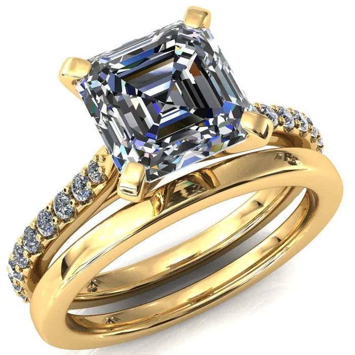 Fire Brilliance Rings Kelsy Asscher Moissanite 4 Prong 34 Shared Scalloped Inverted Cathedral Ring