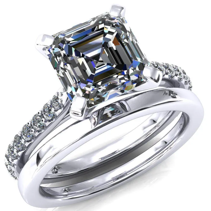 Fire Brilliance Rings Kelsy Asscher Moissanite 4 Prong 34 Shared Scalloped Inverted Cathedral Ring