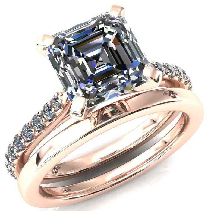 Fire Brilliance Rings Kelsy Asscher Moissanite 4 Prong 34 Shared Scalloped Inverted Cathedral Ring
