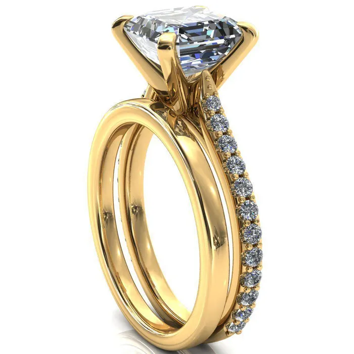 Fire Brilliance Rings Kelsy Asscher Moissanite 4 Prong 34 Shared Scalloped Inverted Cathedral Ring