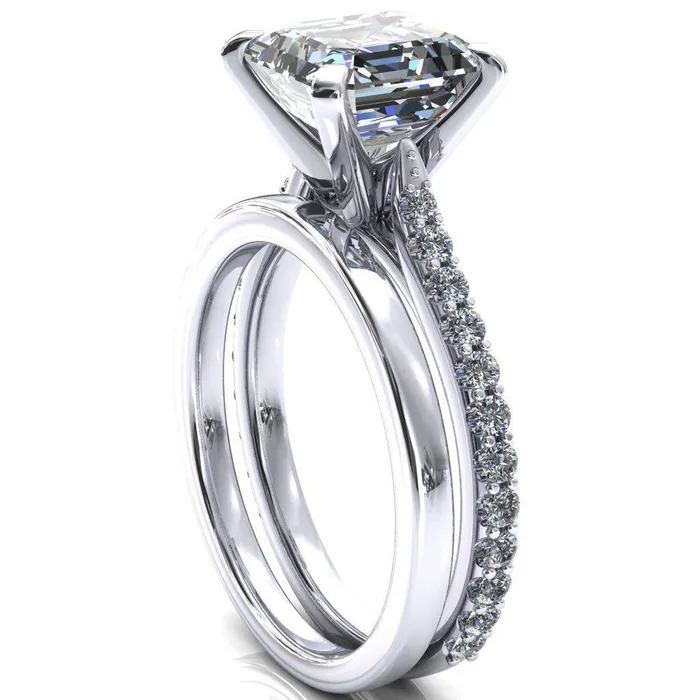 Fire Brilliance Rings Kelsy Asscher Moissanite 4 Prong 34 Shared Scalloped Inverted Cathedral Ring