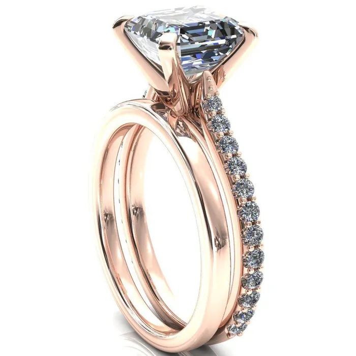 Fire Brilliance Rings Kelsy Asscher Moissanite 4 Prong 34 Shared Scalloped Inverted Cathedral Ring