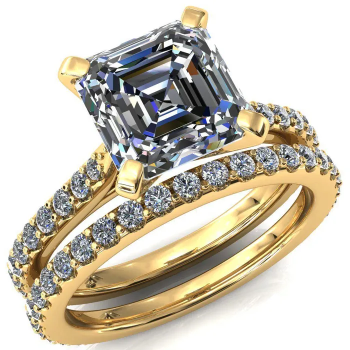 Fire Brilliance Rings Kelsy Asscher Moissanite 4 Prong 34 Shared Scalloped Inverted Cathedral Ring