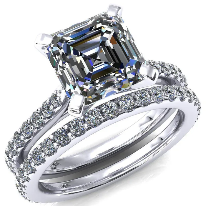 Fire Brilliance Rings Kelsy Asscher Moissanite 4 Prong 34 Shared Scalloped Inverted Cathedral Ring