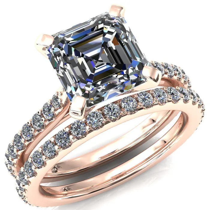 Fire Brilliance Rings Kelsy Asscher Moissanite 4 Prong 34 Shared Scalloped Inverted Cathedral Ring