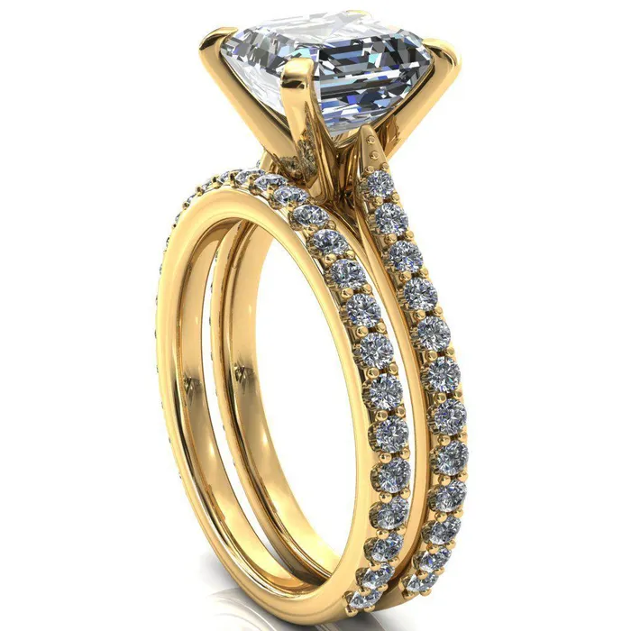 Fire Brilliance Rings Kelsy Asscher Moissanite 4 Prong 34 Shared Scalloped Inverted Cathedral Ring