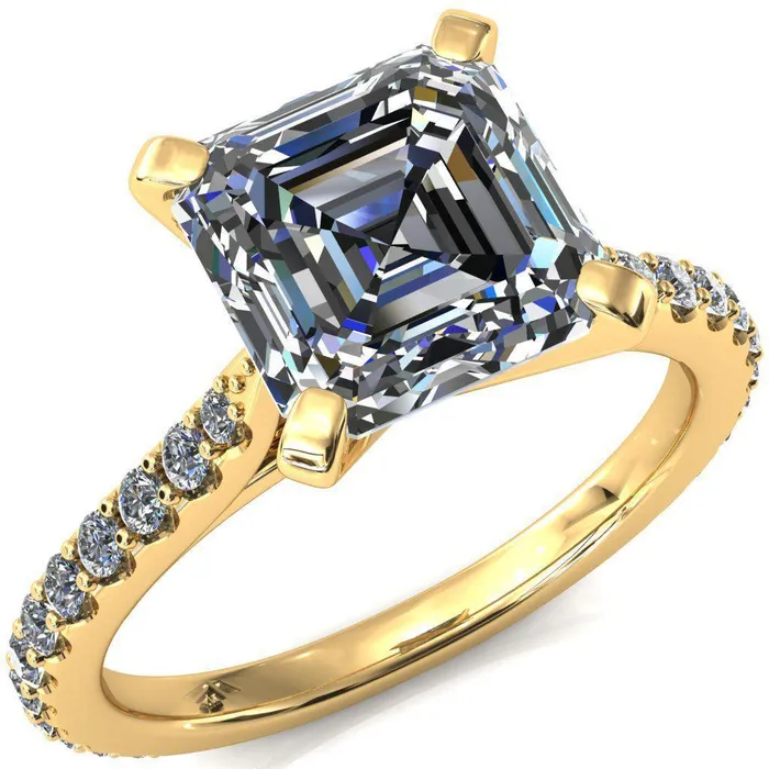 Fire Brilliance Rings Kelsy Asscher Moissanite 4 Prong 34 Shared Scalloped Inverted Cathedral Ring