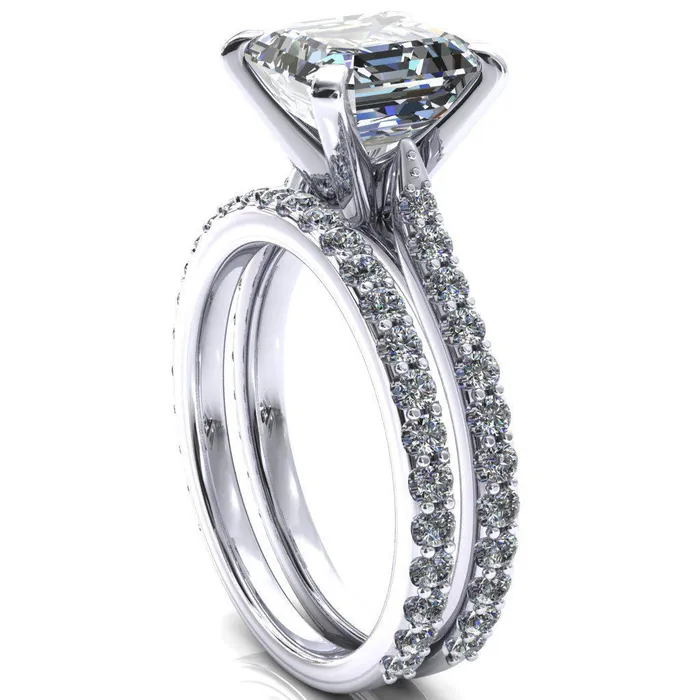 Fire Brilliance Rings Kelsy Asscher Moissanite 4 Prong 34 Shared Scalloped Inverted Cathedral Ring