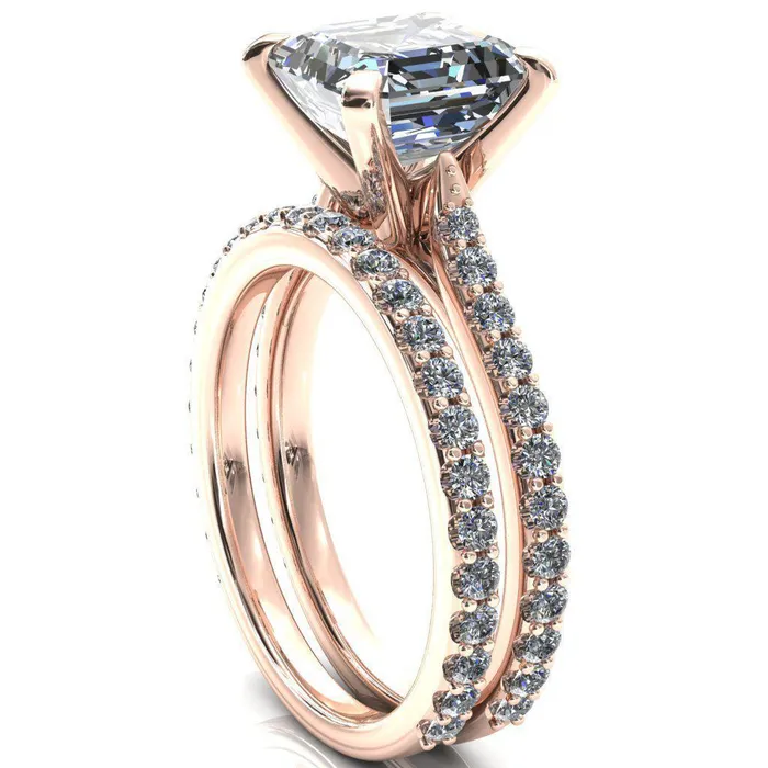 Fire Brilliance Rings Kelsy Asscher Moissanite 4 Prong 34 Shared Scalloped Inverted Cathedral Ring