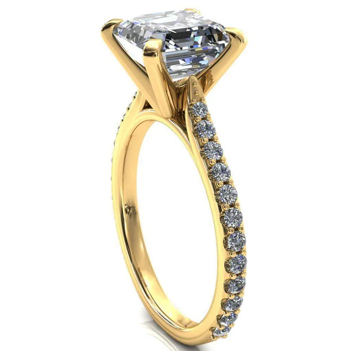 Fire Brilliance Rings Kelsy Asscher Moissanite 4 Prong 34 Shared Scalloped Inverted Cathedral Ring