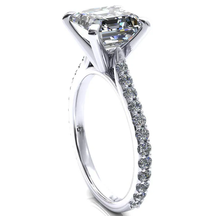 Fire Brilliance Rings Kelsy Asscher Moissanite 4 Prong 34 Shared Scalloped Inverted Cathedral Ring