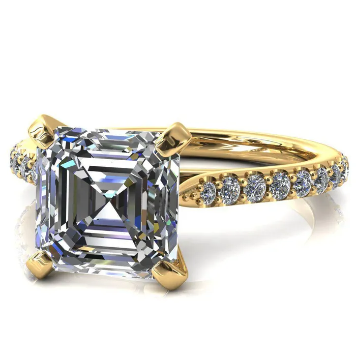 Fire Brilliance Rings Kelsy Asscher Moissanite 4 Prong 34 Shared Scalloped Inverted Cathedral Ring