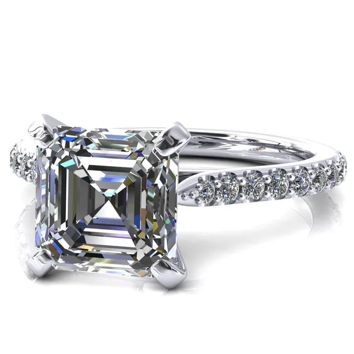 Fire Brilliance Rings Kelsy Asscher Moissanite 4 Prong 34 Shared Scalloped Inverted Cathedral Ring