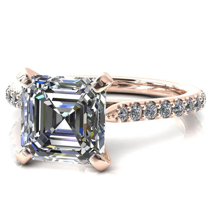 Fire Brilliance Rings Kelsy Asscher Moissanite 4 Prong 34 Shared Scalloped Inverted Cathedral Ring