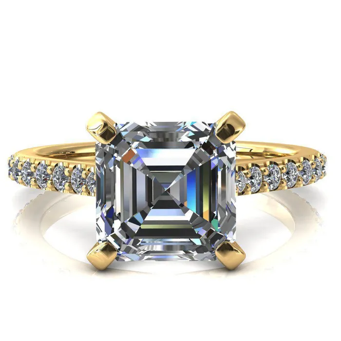 Fire Brilliance Rings Kelsy Asscher Moissanite 4 Prong 34 Shared Scalloped Inverted Cathedral Ring