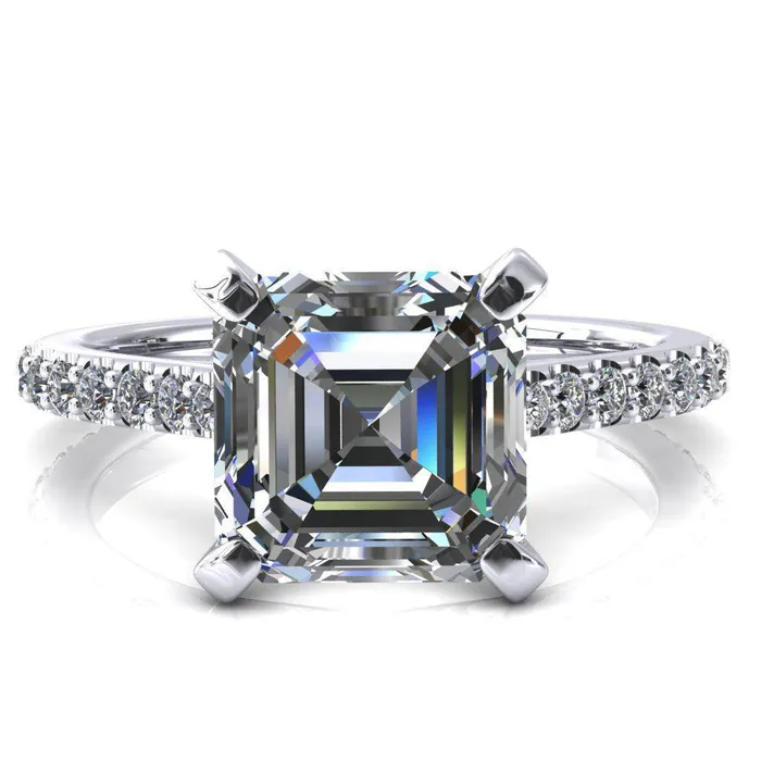 Fire Brilliance Rings Kelsy Asscher Moissanite 4 Prong 34 Shared Scalloped Inverted Cathedral Ring