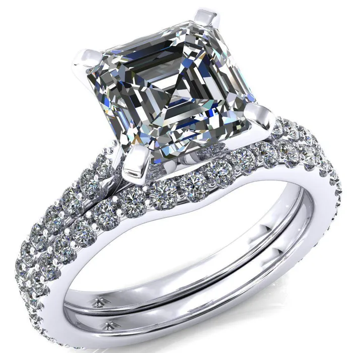 Fire Brilliance Rings Kelsy Asscher Moissanite 4 Prong 34 Shared Scalloped Inverted Cathedral Ring