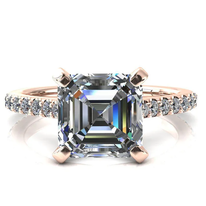 Fire Brilliance Rings Kelsy Asscher Moissanite 4 Prong 34 Shared Scalloped Inverted Cathedral Ring