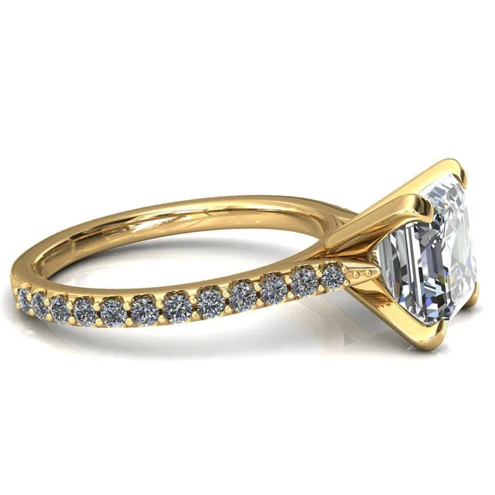 Fire Brilliance Rings Kelsy Asscher Moissanite 4 Prong 34 Shared Scalloped Inverted Cathedral Ring