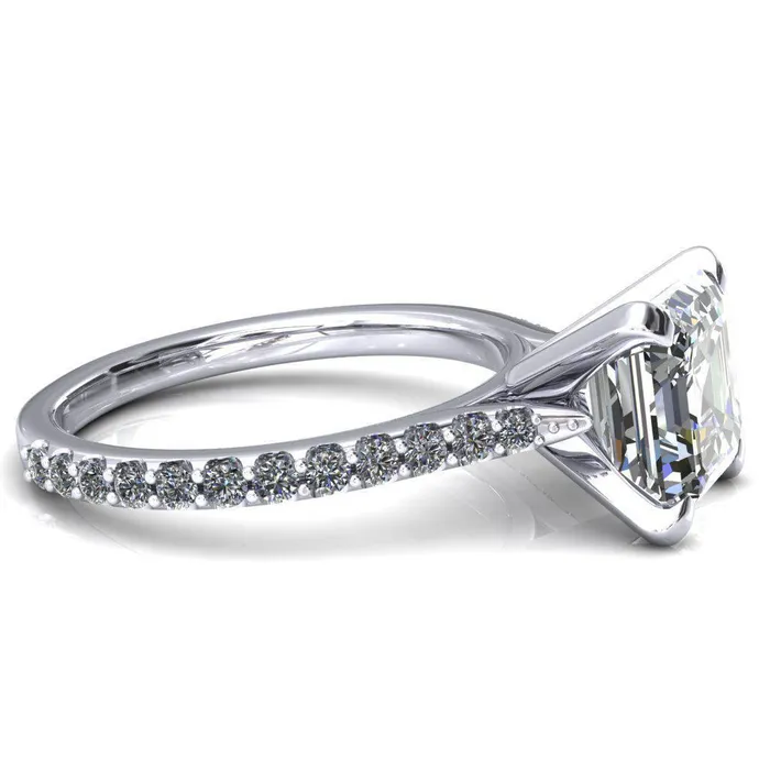 Fire Brilliance Rings Kelsy Asscher Moissanite 4 Prong 34 Shared Scalloped Inverted Cathedral Ring