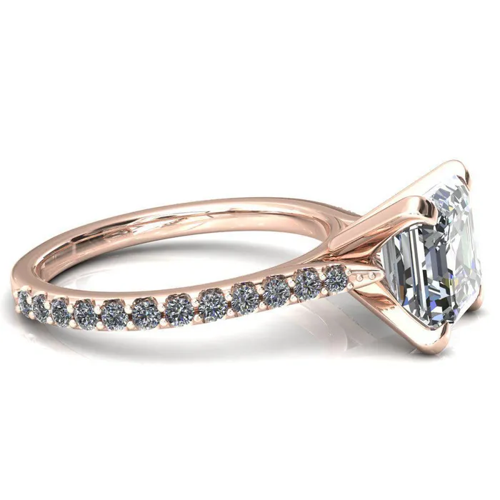 Fire Brilliance Rings Kelsy Asscher Moissanite 4 Prong 34 Shared Scalloped Inverted Cathedral Ring