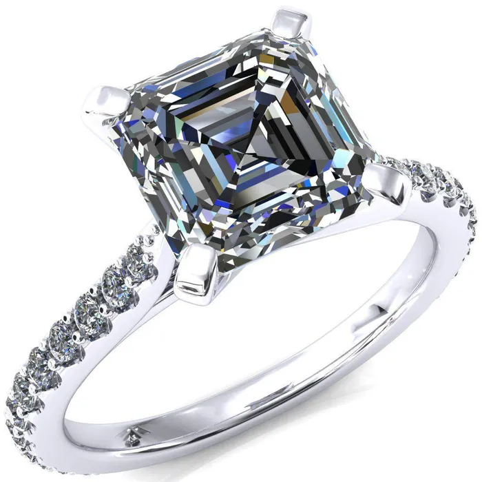 Fire Brilliance Rings Kelsy Asscher Moissanite 4 Prong 34 Shared Scalloped Inverted Cathedral Ring
