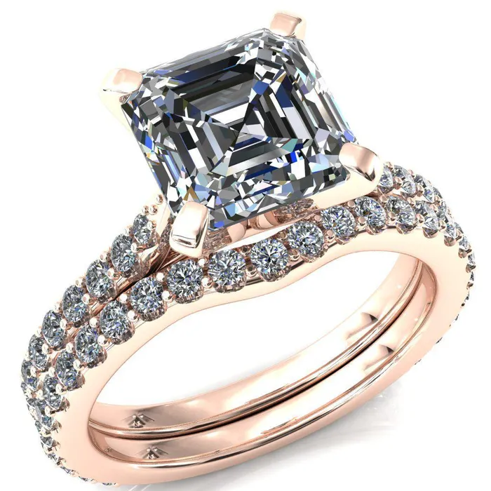 Fire Brilliance Rings Kelsy Asscher Moissanite 4 Prong 34 Shared Scalloped Inverted Cathedral Ring