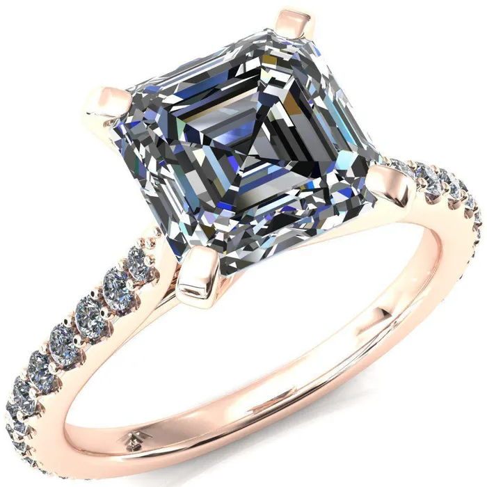 Fire Brilliance Rings Kelsy Asscher Moissanite 4 Prong 34 Shared Scalloped Inverted Cathedral Ring