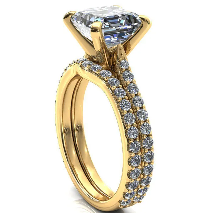 Fire Brilliance Rings Kelsy Asscher Moissanite 4 Prong 34 Shared Scalloped Inverted Cathedral Ring