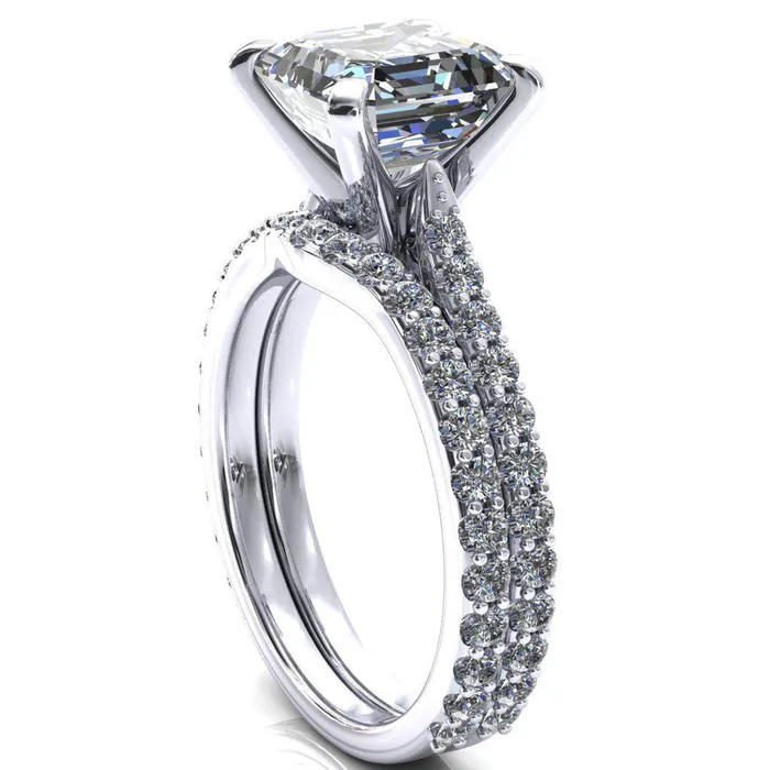 Fire Brilliance Rings Kelsy Asscher Moissanite 4 Prong 34 Shared Scalloped Inverted Cathedral Ring