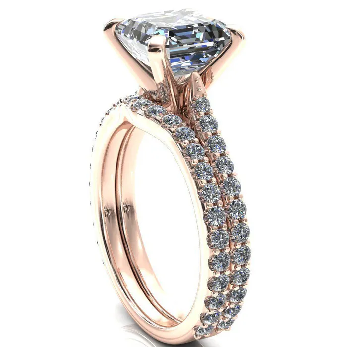 Fire Brilliance Rings Kelsy Asscher Moissanite 4 Prong 34 Shared Scalloped Inverted Cathedral Ring