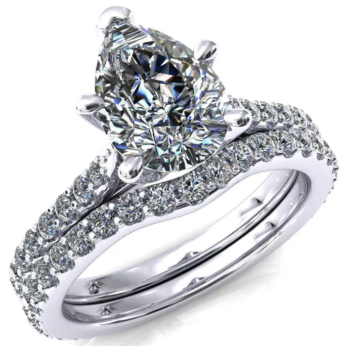 Fire Brilliance Rings Kelsy Pear Moissanite 5 Prong 34 Shared Scalloped Inverted Cathedral Ring Fire Brilliance Rings Kelsy Pear Moissanite 5 Prong 34 Shared Scalloped Inverted Cathedral Ring