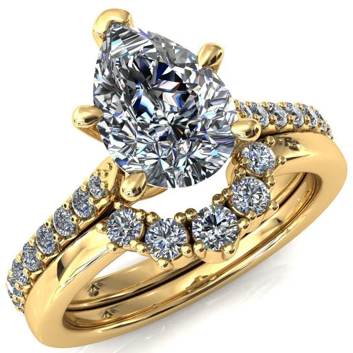 Fire Brilliance Rings Kelsy Pear Moissanite 5 Prong 34 Shared Scalloped Inverted Cathedral Ring