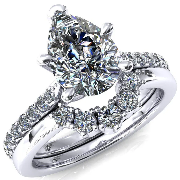 Fire Brilliance Rings Kelsy Pear Moissanite 5 Prong 34 Shared Scalloped Inverted Cathedral Ring