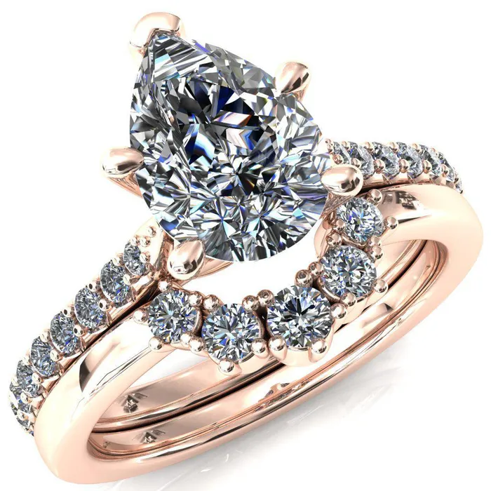 Fire Brilliance Rings Kelsy Pear Moissanite 5 Prong 34 Shared Scalloped Inverted Cathedral Ring