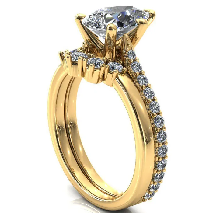 Fire Brilliance Rings Kelsy Pear Moissanite 5 Prong 34 Shared Scalloped Inverted Cathedral Ring