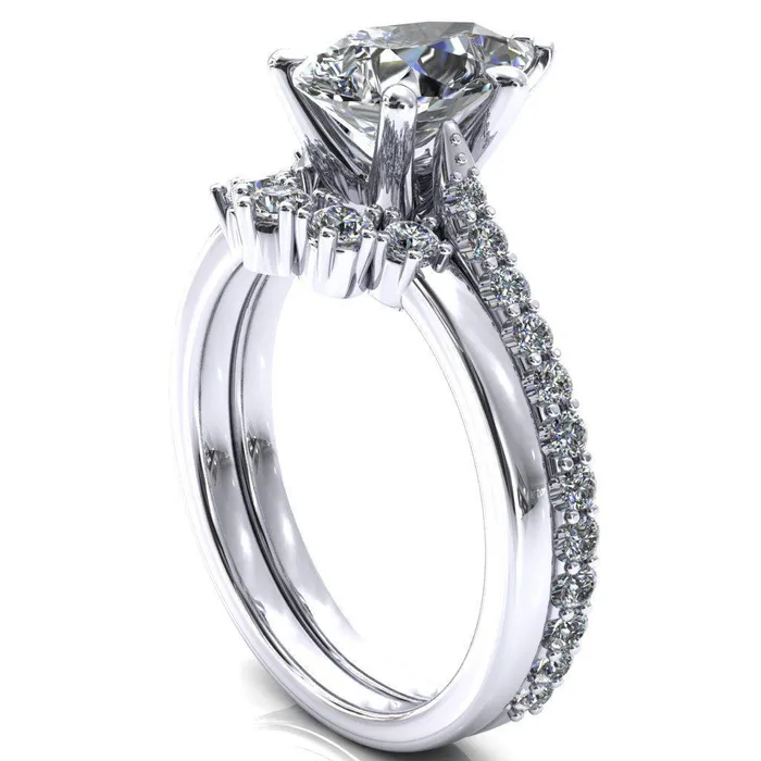 Fire Brilliance Rings Kelsy Pear Moissanite 5 Prong 34 Shared Scalloped Inverted Cathedral Ring