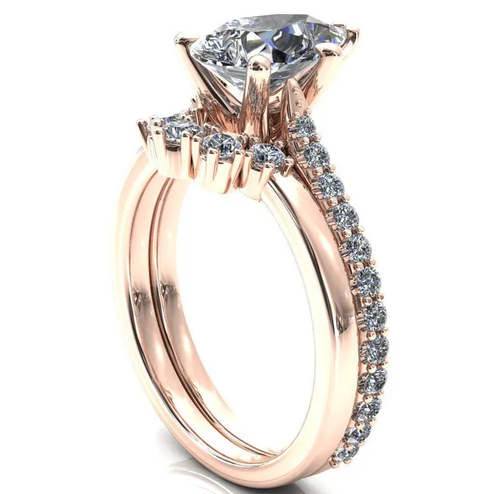 Fire Brilliance Rings Kelsy Pear Moissanite 5 Prong 34 Shared Scalloped Inverted Cathedral Ring