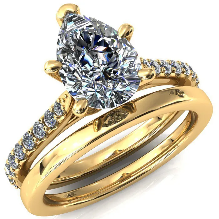 Fire Brilliance Rings Kelsy Pear Moissanite 5 Prong 34 Shared Scalloped Inverted Cathedral Ring