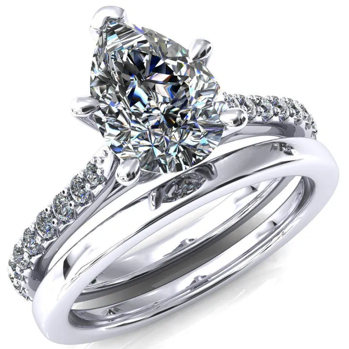 Fire Brilliance Rings Kelsy Pear Moissanite 5 Prong 34 Shared Scalloped Inverted Cathedral Ring