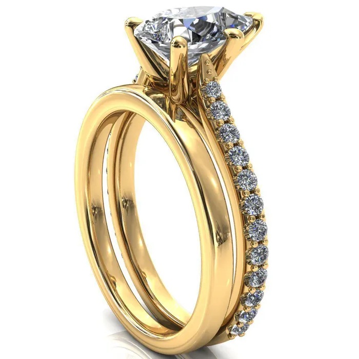 Fire Brilliance Rings Kelsy Pear Moissanite 5 Prong 34 Shared Scalloped Inverted Cathedral Ring