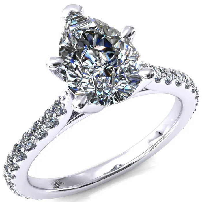 Fire Brilliance Rings Kelsy Pear Moissanite 5 Prong 34 Shared Scalloped Inverted Cathedral Ring