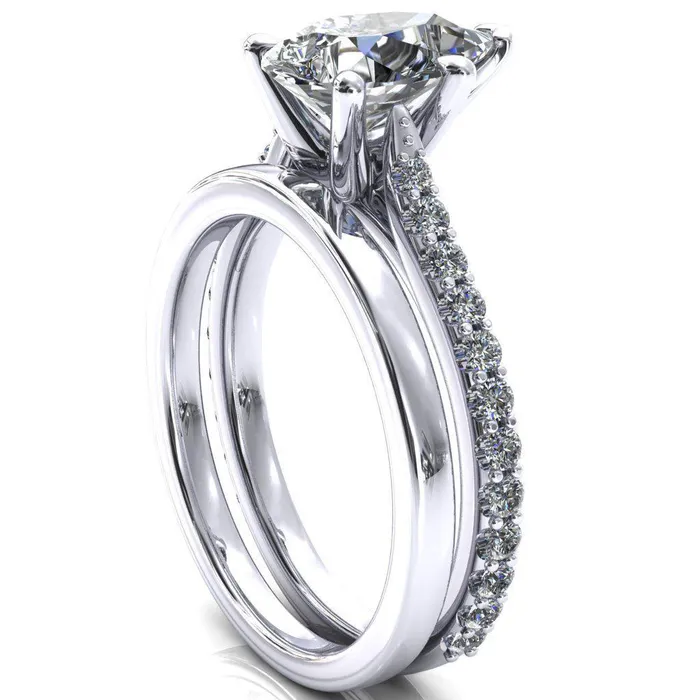 Fire Brilliance Rings Kelsy Pear Moissanite 5 Prong 34 Shared Scalloped Inverted Cathedral Ring
