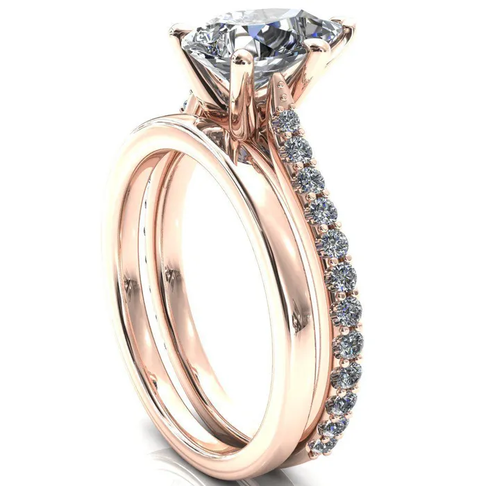 Fire Brilliance Rings Kelsy Pear Moissanite 5 Prong 34 Shared Scalloped Inverted Cathedral Ring