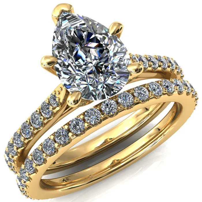Fire Brilliance Rings Kelsy Pear Moissanite 5 Prong 34 Shared Scalloped Inverted Cathedral Ring