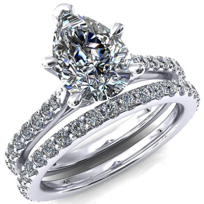 Fire Brilliance Rings Kelsy Pear Moissanite 5 Prong 34 Shared Scalloped Inverted Cathedral Ring