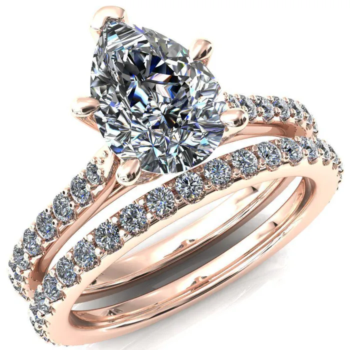 Fire Brilliance Rings Kelsy Pear Moissanite 5 Prong 34 Shared Scalloped Inverted Cathedral Ring