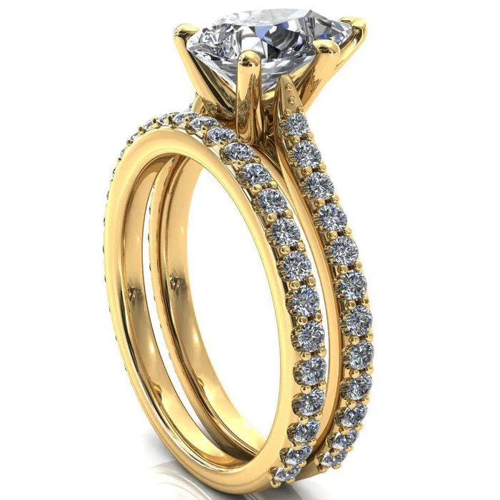 Fire Brilliance Rings Kelsy Pear Moissanite 5 Prong 34 Shared Scalloped Inverted Cathedral Ring
